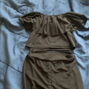 Off shoulder crop top and leggings.